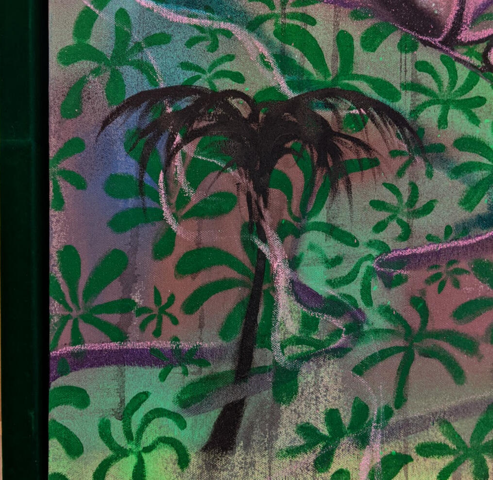 Bed detail - palm tree and velvet frame, 2023