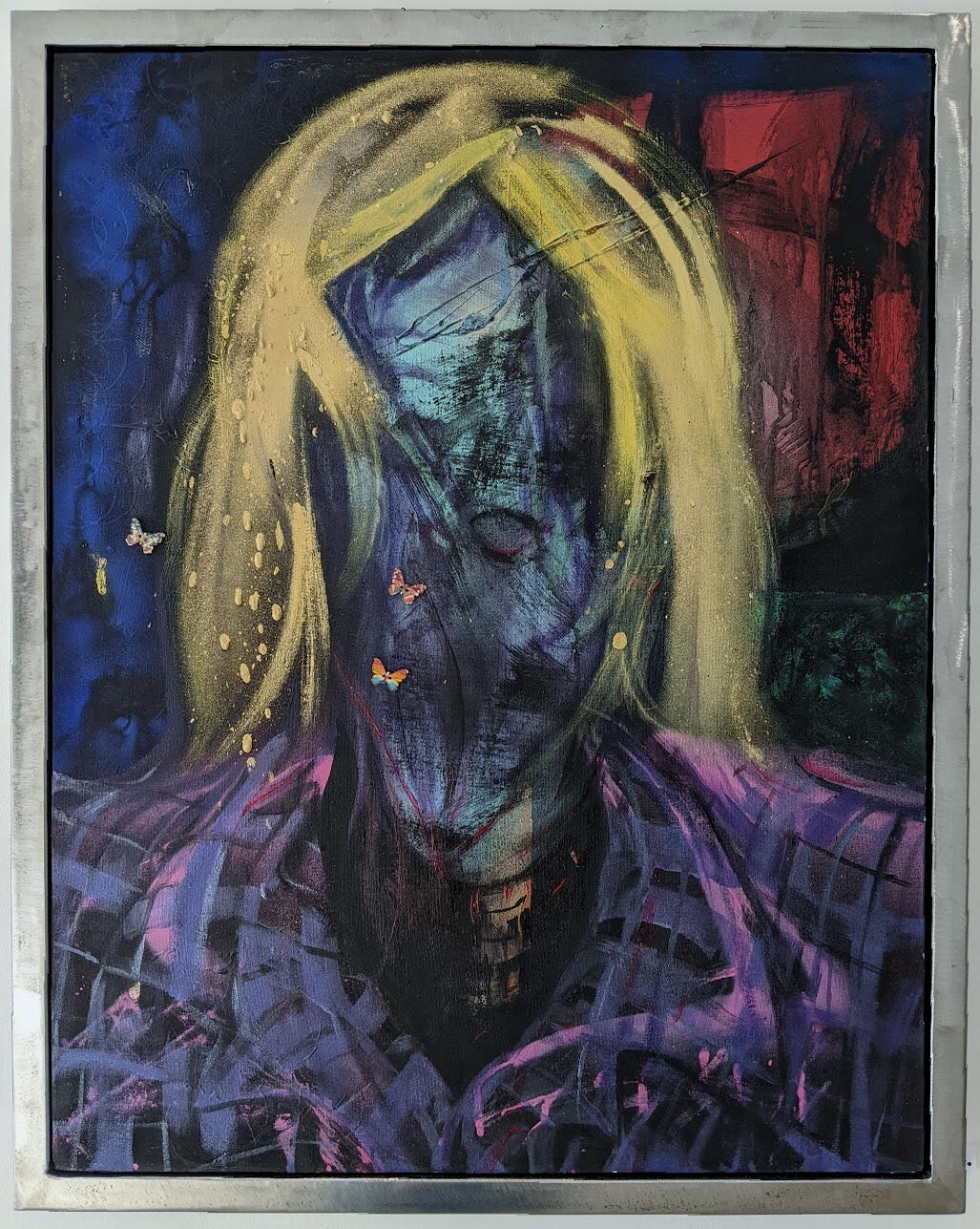 SPray paint, acrylic and buttons on canvas in steel frame